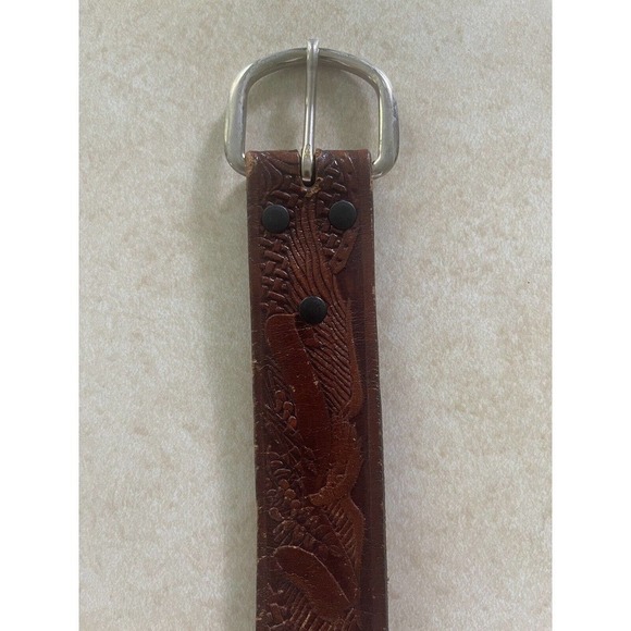 Vintage Hand Tooled Buckle Belt 44 Handcrafted Western Top Grain Leather Brown - Picture 6 of 8